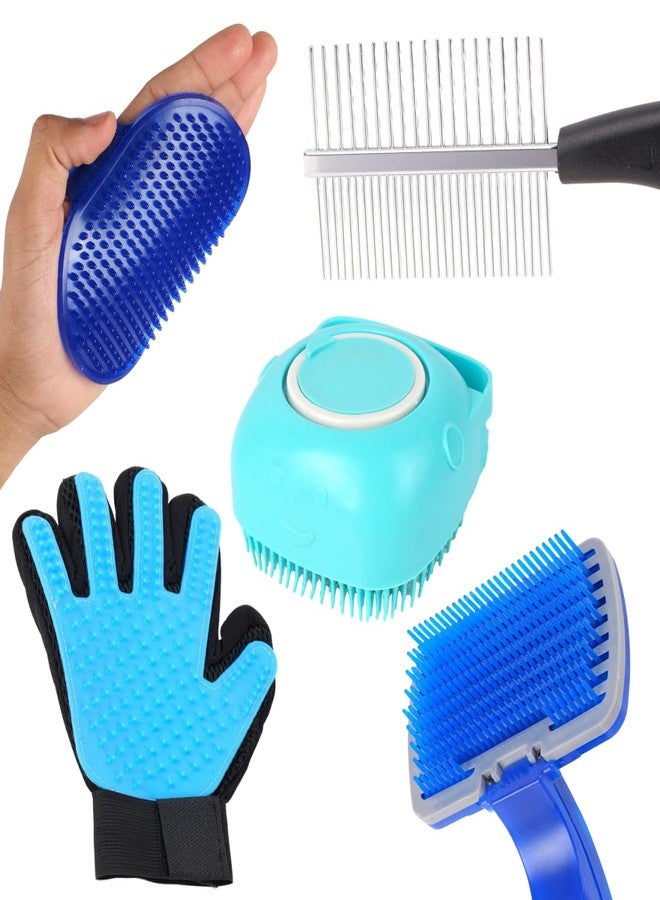 REGIIS Pet Grooming Set with Self-Cleaning Brush, Deshedding Glove, Massage Tool in Blue, Professional Dog Cat Hair Removal Kit(PACK OF 5) - Image 1